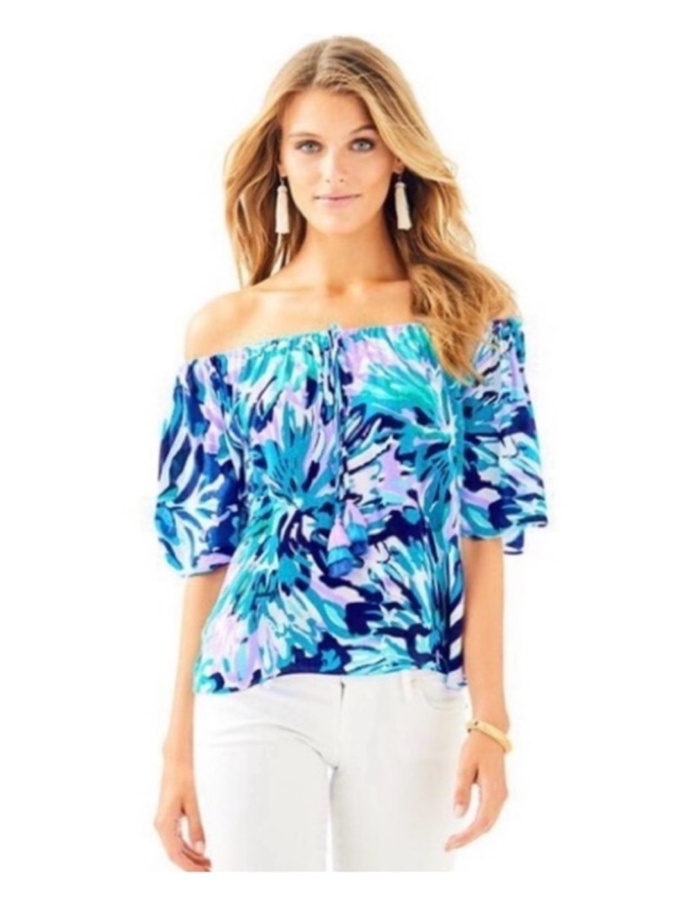 Lilly Pulitzer Blue, Teal & Lavender Off-Shoulder Floral Top